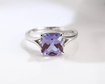 Solid Gold Split Shank Square Cushion Cut Alexandrite Engagement Ring, Solitaire Ring