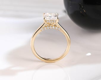 Solid Gold Hidden Halo Princess Cut Moissanite Engagement Ring Cathedral Set, Square Ring