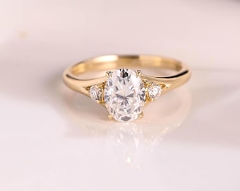 Solid Gold Split Shank Oval Cut Moissanite Engagement Ring, Three Stone Promise Ring