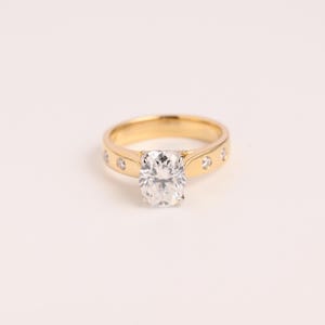 Solid Gold 4mm Width Hidden Halo Oval Cut Moissanite Engagement Ring Tulip Set, Two Tone Promise Ring, Proposal Ring, Birthday Gift for Wife