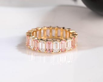 Solid Gold Full Eternity 3*5mm Emerald Cut Moissanite & Pink Sapphire Wedding Band, Stackable Ring