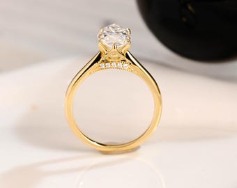Solid Gold Hidden Halo Marquise Cut Moissanite Engagement Ring Tulip Set, Milgrain Promise Ring Bridge Halo