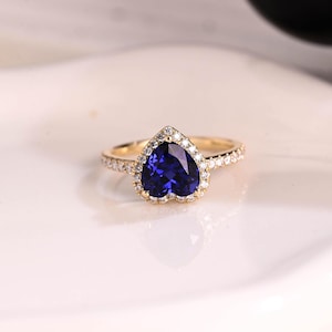 Massief gouden halo hart geslepen blauwe saffier verlovingsring, vintage beloftering, art deco-ring, voorstelring, verjaardagscadeaus voor vrouwen vrouw