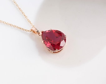 Solid Gold Hidden Halo Pear Cut Lab Ruby Pendant Necklace, Chain Necklace