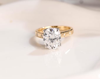 Solid Gold Two Tone Oval Cut Moissanite Engagement Ring Tulip Set, Promise Ring Hidden Halo