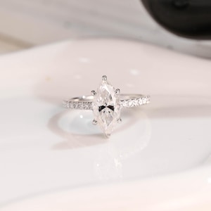 Solid Gold Hidden Halo Marquise Cut Moissanite Engagement Ring, Pave Cathedral Promise Ring, Proposal Ring, Wedding Ring, Anniversary Gift