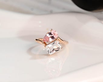 Solid Gold Toi et Moi Emerald Cut White Topaz & Pear Cut Pink Lab Sapphire Engagement Ring