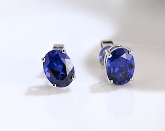 Solid Gold Solitaire Oval Cut Blue Sapphire Earring Studs Push Backs