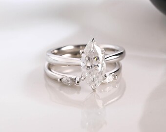 Set di anelli di fidanzamento con moissanite taglio marquise e incastonatura a tulipano in oro massiccio, set da sposa solitario, fede nuziale aperta