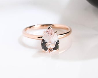 Solid Gold Solitaire Pear Cut Pink Morganite Engagement Ring, Teardrop Ring