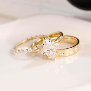 Solid Gold Marquise Cut Moissanite Engagement Ring Set, Three Wedding Ring Set, Trio Bridal Set, Wedding Band, Anniversary Gifts for Wife