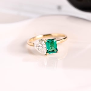 Solid Gold Lab Emerald & Pear Cut Moissanite Engagement Ring, Toi et Moi Promise Ring, Two Stone Promise Ring, Dainty Ring, Birthday Gift