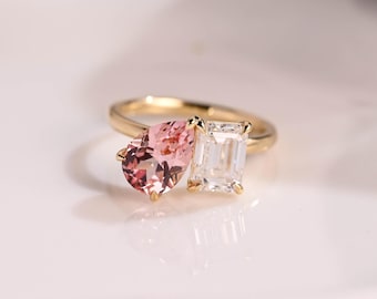 Solid Gold Emerald Cut Moissanite & Pear Cut Pink Sapphire Engagement Ring, Toi et Moi Promise Ring
