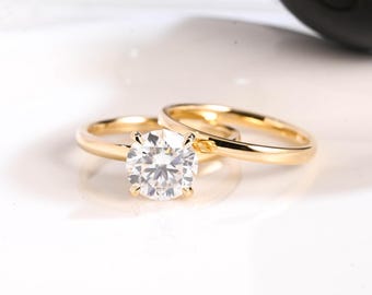 Solid Gold Solitaire Round Cut Moissanite Engagement Ring Set, Gold Plain Wedding Band