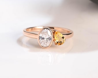 Solid Gold Bezel Oval Cut Moissanite & Pear Cut Citrine Engagement Ring, Toi et Moi Promise Ring