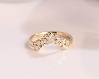 Solid Gold Curved Wedding Band Bezel Ring, Marquise & Round Cut Moissanite Wedding Ring, Matching Band, Anniversary Gift for Women Wife