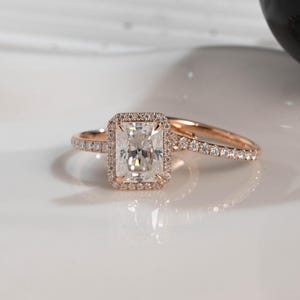 Solid Gold Radiant Cut Moissanite Engagement Ring Set, Wedding Ring Set, Bridal Set, Half Eternity Wedding Band, Birthday Gift for Women