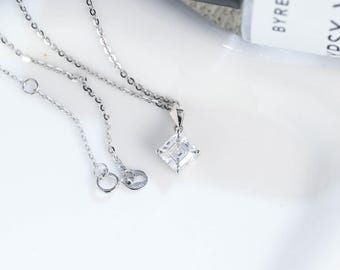 Solid Gold Solitaire Asscher Cut Moissanite Pendant Necklace, Chain Necklace