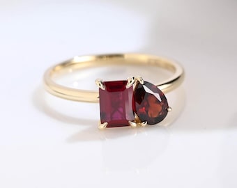 Solid Gold Emerald Cut Ruby & Pear Cut Garnet Engagement Ring, Birthstone Ring, Toi et Moi Ring
