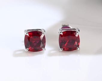 Solid Gold Solitaire Cushion Cut Ruby Earring Studs Push Backs
