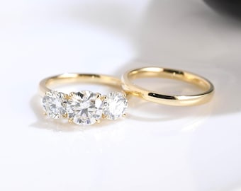 Solid Gold Three Stone Round Cut Moissanite Engagement Ring Set, Bridal Set, Plain Wedding Band