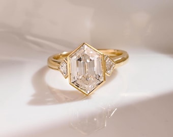 Solid Gold Hexagon Cut Moissanite Engagement Ring Bezel Ring, Three Stone Promise Ring Cathedral Ring