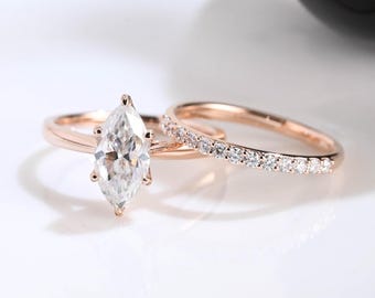 Solid Gold Hidden Halo Marquise Cut Moissanite Engagement Ring Set Engraved Bridge, Bridal Set, Half Eternity Wedding Band