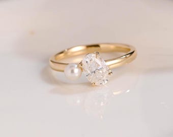 Solid Gold Toi et Moi Oval Moissanite & Pearl Engagement Ring, Promise Ring