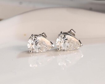 Solid Gold Pear Cut Moissanite Earring Studs Push Backs, Solitaire Teardrop Studs