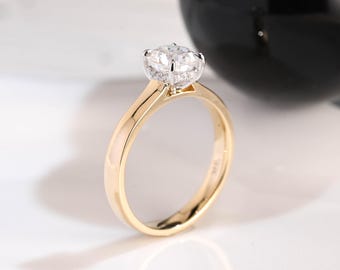 Solid Gold 3mm Width Two Tone Cushion Cut Moissanite Engagement Ring Hidden Halo, Cathedral Promise Ring