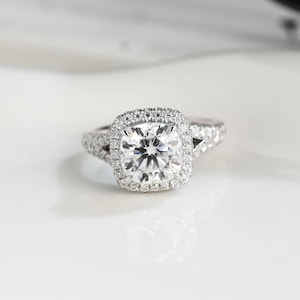 Solid Gold Hidden Halo Split Shank Cushion Cut Moissanite Engagement Ring, Vintage Promise Ring, Proposal Ring, Birthday Gift for Women Wife
