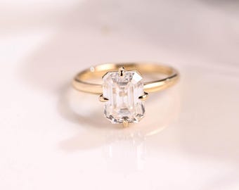Solid Gold Solitaire Emerald Cut Moissanite Engagement Ring Compass Setting, Promise Ring