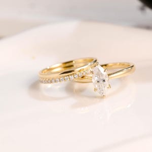 Solid Gold Solitaire Marquise Cut Moissanite Engagement Ring Set, Wedding Ring Set, Bridal Set, Full Eternity Wedding Band, Gift for Women
