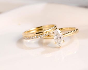 Solid Gold Solitaire Marquise Cut Moissanite Engagement Ring Set, Wedding Ring Set, Bridal Set, Full Eternity Wedding Band, Gift for Women