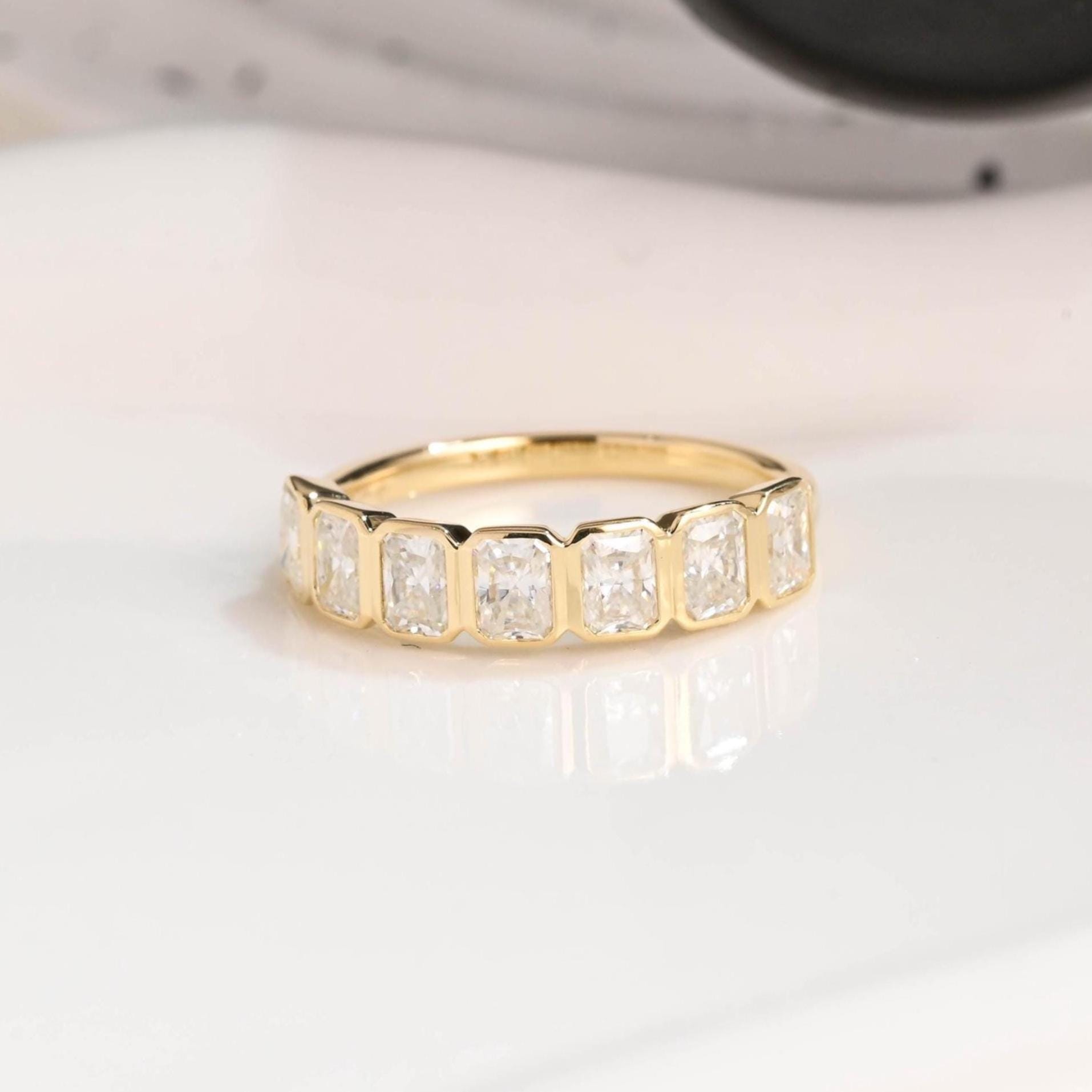 Solid Gold 3*4mm Radiant Cut Moissanite Wedding Band Bezel Ring, Half Eternity Wedding Ring, Stackable Ring, Matching Band, Birthday Gift