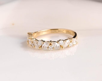 Solid Gold Half Eternity Marquise & Round Cut Moissanite Wedding Band, Anniversary Gift