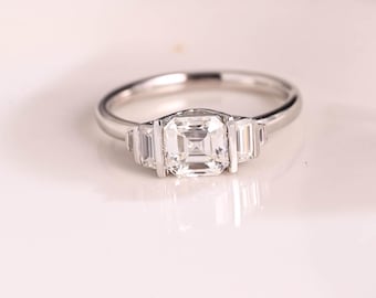 Solid Gold Three Stone Asscher Cut Moissanite Engagement Ring, Side Baguette Ring
