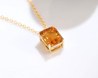 Solid Gold Solitaire Emerald Cut Citrine Pendant Necklace, Chain Necklace