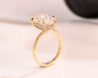 Solid Gold Hidden Halo Marquise Cut Moissanite Engagement Ring, Bridge Halo Promise Ring, Proposal Ring, Bridal Ring, Birthday Gift for Her