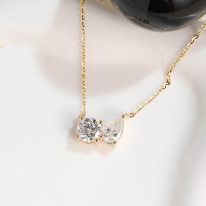Solid Gold Round & Pear Cut Moissanite Pendant Necklace, Toi et Moi Pendant, Gold Chain Necklace, Double Stone Pendant, Birthday Gift