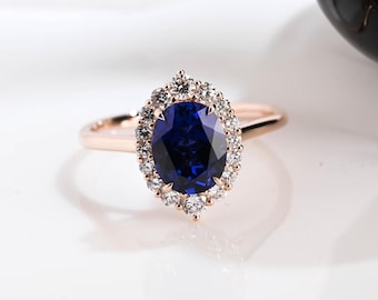 Solid Gold Oval Cut Blue Sapphire Engagement Ring Halo Ring, Tulip Ring Cathedral Set