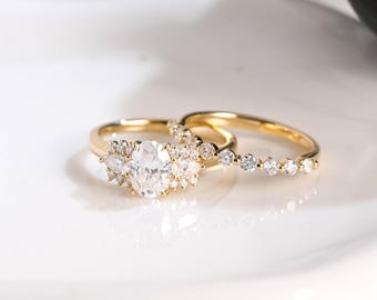 Solid Gold Three Stone Oval Cut Moissanite Engagement Ring Set, Wedding Ring Set, Bridal Set, Half Eternity Wedding Band, Birthday Gift Wife