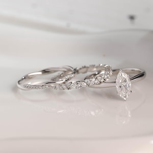 Solid Gold Solitaire Marquise Cut Moissanite Engagement Ring Set, Wedding Ring Set, Trio Bridal Set, Wedding Band, Anniversary Gift for Wife