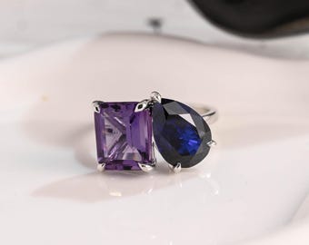 Solid Gold Toi et Moi Emerald Cut Amethyst & Pear Cut Blue Sapphire Engagement Ring, Promise Ring