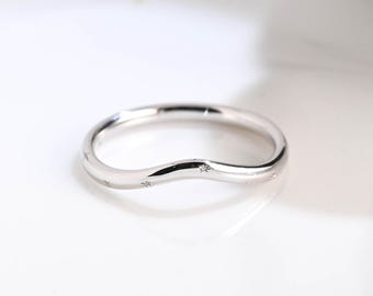 Solid Gold Curved Wedding Band Star Engraved Band, Stackable Ring