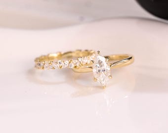 Solid Gold Marquise Cut Moissanite Engagement Ring Set, Wedding Ring Set, Marquise Bridal Set, Full Eternity Wedding Band, Gift for Women