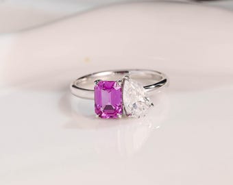 Solid Gold Emerald Cut Purple Lab Sapphire & Pear Cut Moissanite Engagement Ring, Toi et Moi Promise Ring