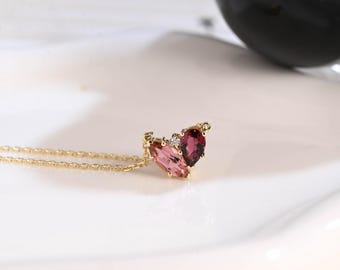 Solid Gold Marquise Cut & Pear Cut Pink Tourmaline Pendant Necklace, Toi et Moi Pendant