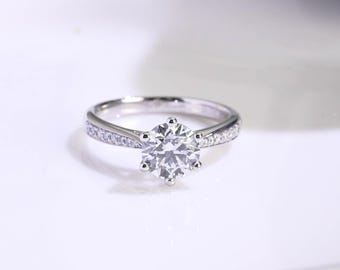 IGI Certified Round Cut Diamond Engagement Ring Paved Band, Solid Gold Cathedral Ring
