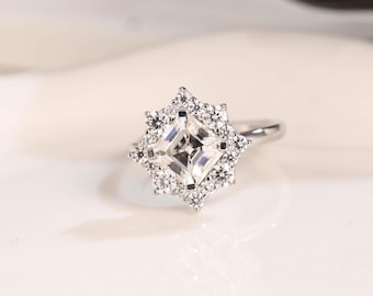 Solid Gold Knife Edge Asscher Cut Moissanite Engagement Ring, Vintage Style